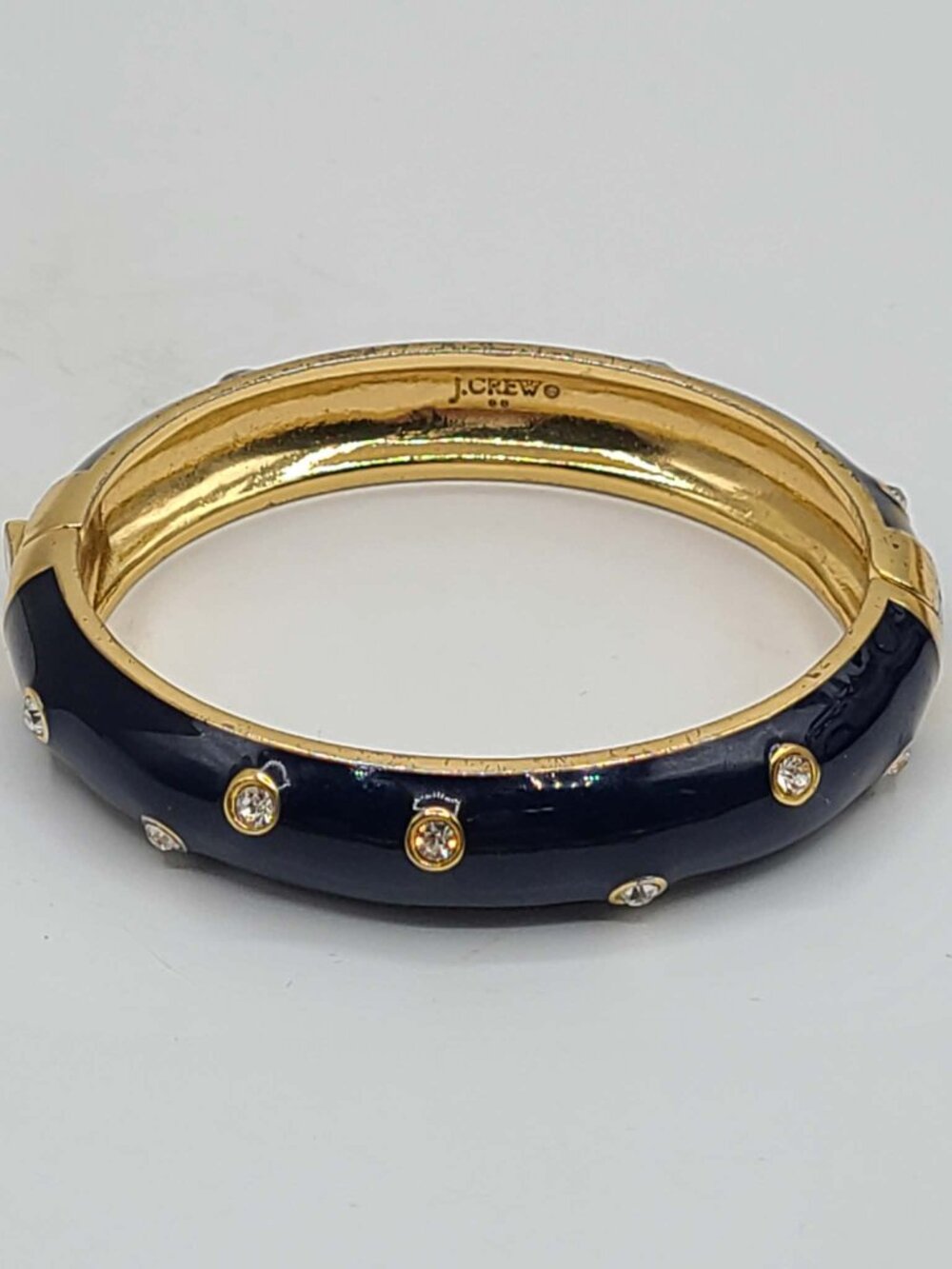 J Crew Black Enamel Hinged Bangle with Clear Crystals NWOT